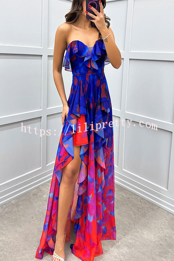 Loving Moment Gradient Unique Print Flowing Layered Ruffles Strapless Slit Maxi Dress - Fashionpara