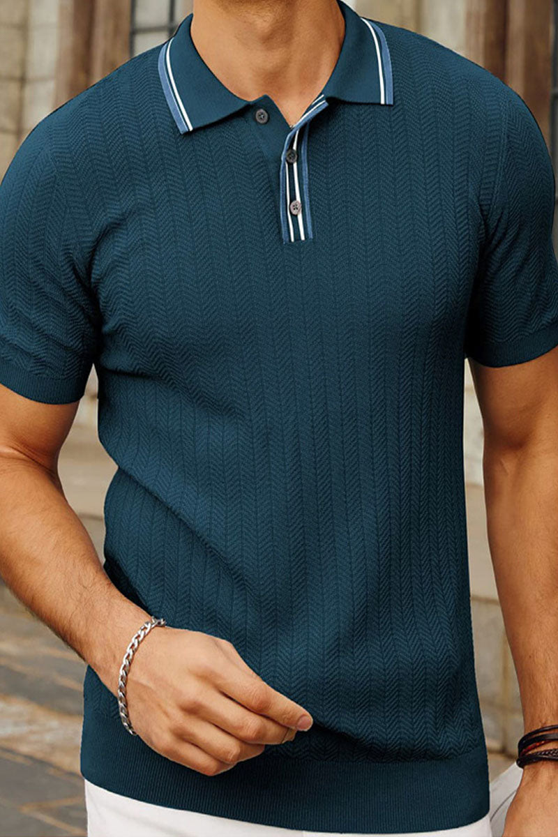 Summer Men's Business Figure 8 Textured Polo Collar Short Sleeve Sweater