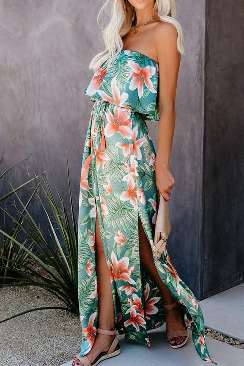 Tropical Plant Print Off-shoulder Ruffled Slit Maxi Dress