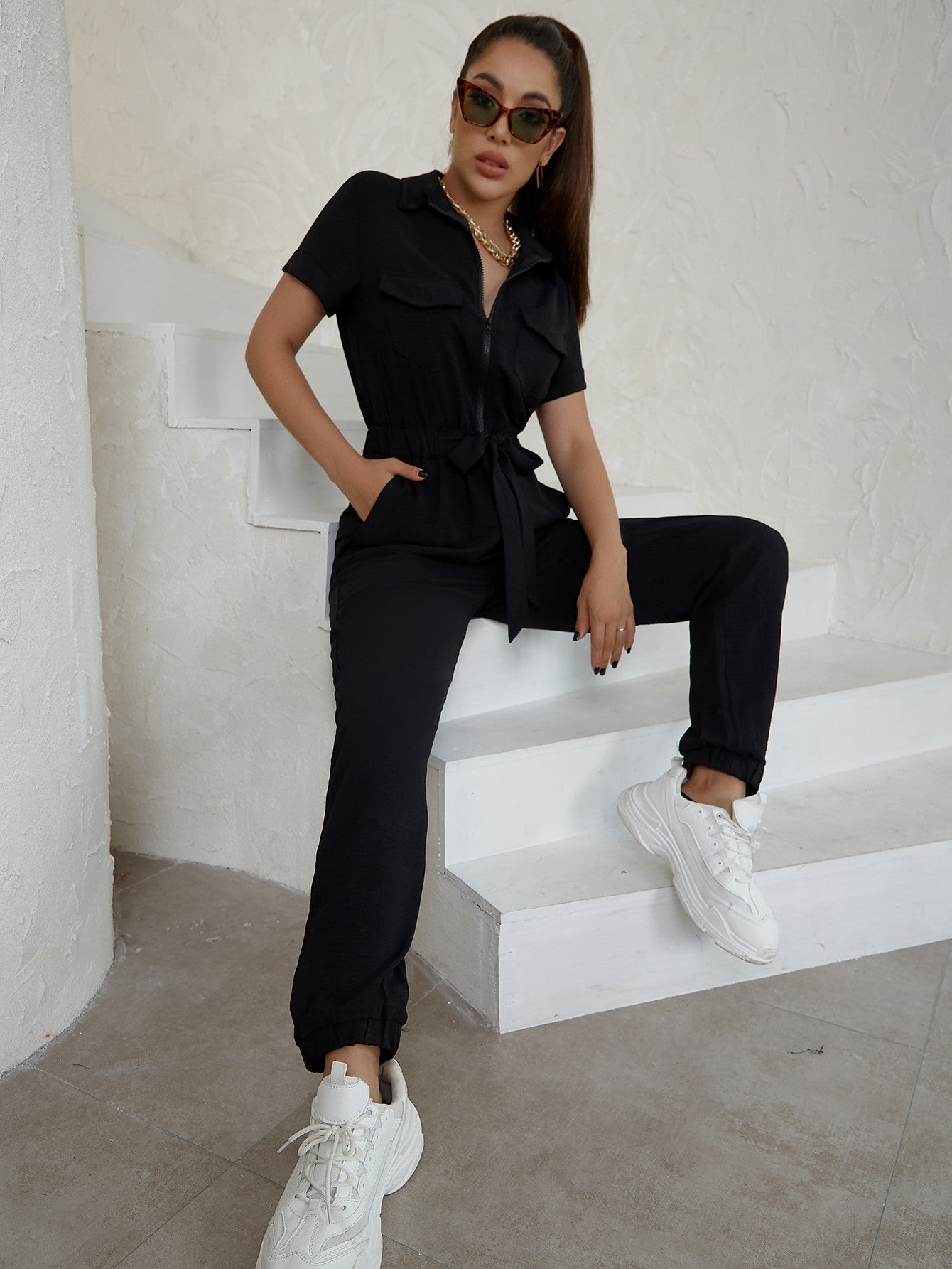 Zip Up Tie Front Jogger Jumpsuit - Fashionpara