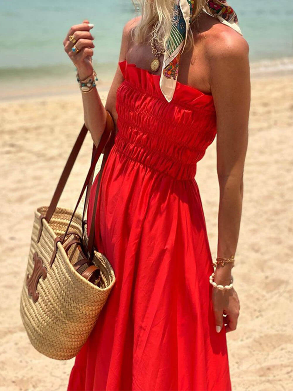 Smocked Bust Off Shoulder Vacation Maxi Dress - Fashionpara