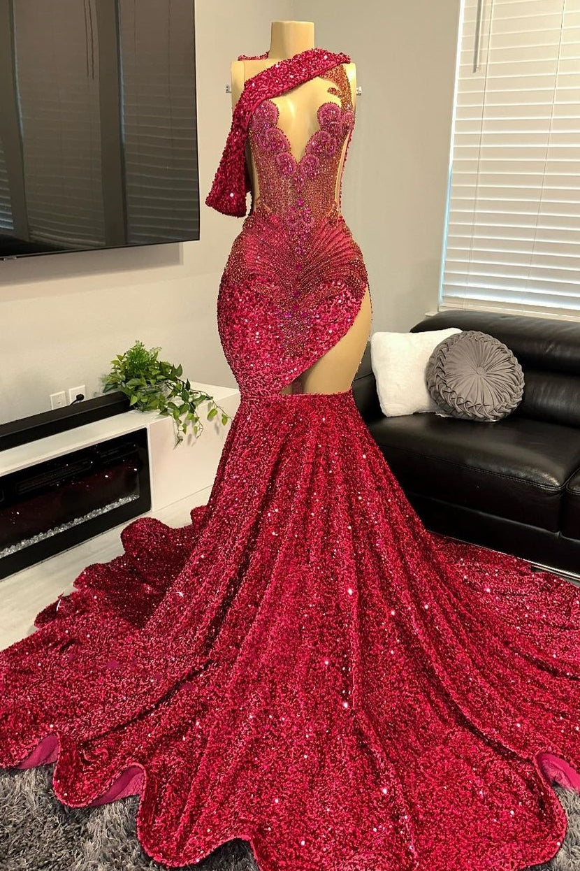 Glamorous One shoulder Burgundy Sequined Long Prom Party Dresses With Cutouts - Fashionpara