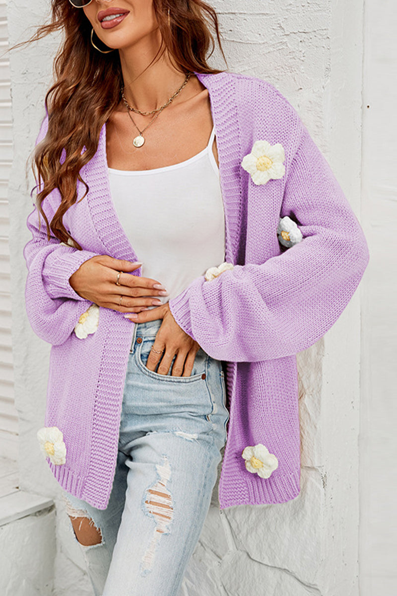 Knitted Flower Balloon Sleeve Cardigan Sweater