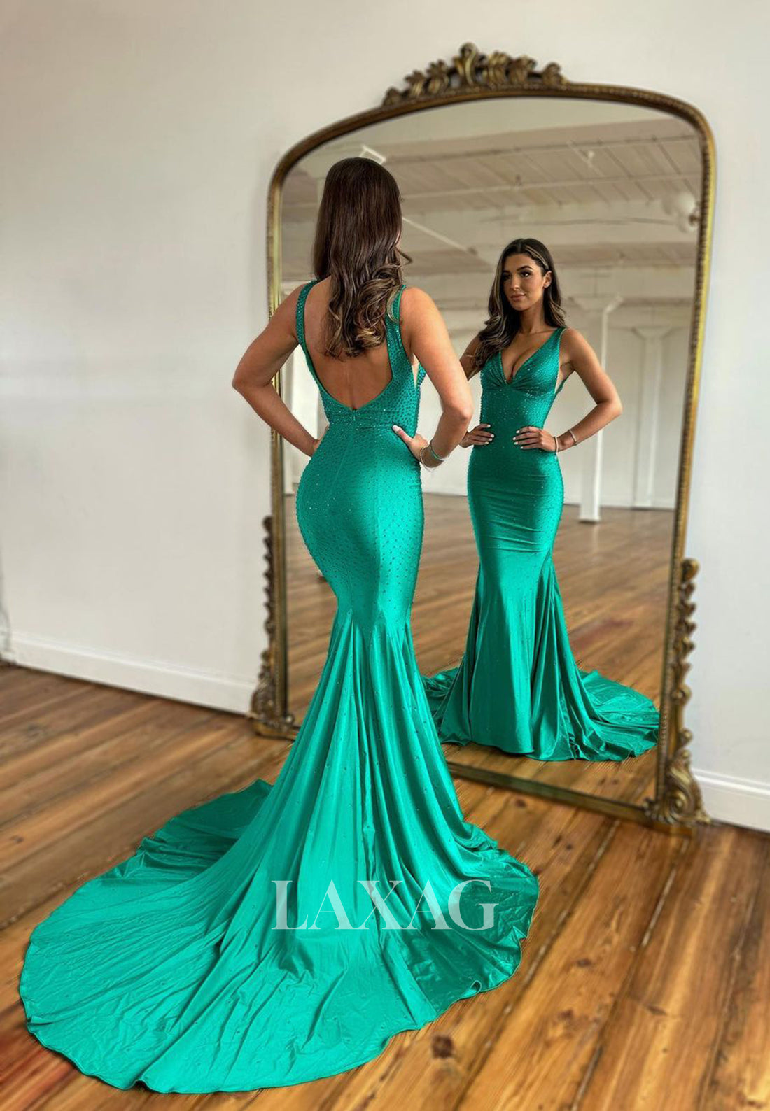 22319 - V-Neck Beaded Sleek Satin Mermaid Party Prom Formal Evening Dress - Fashionpara