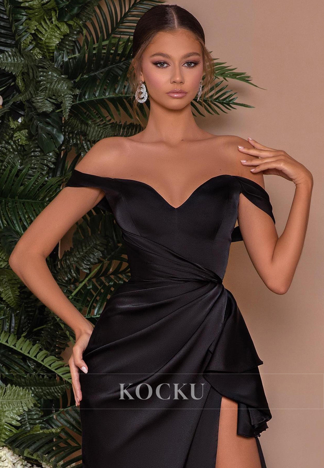 L1456 - Bateau Off-Shoulder Ruched Satin Prom Evening Formal Dress With Slit - Fashionpara