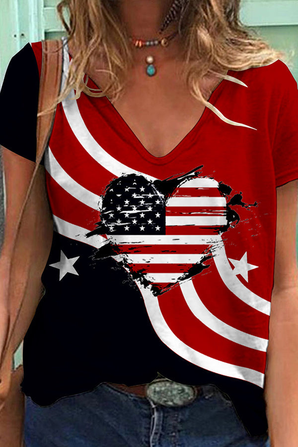 Independence Day Printed V Neck Short Sleeve T-Shirt