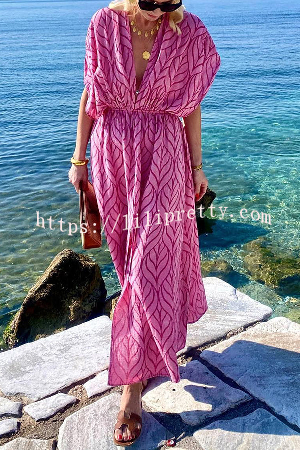 Shells By The Coast Printed Drawstring Design Kimono Beach Maxi Dress - Fashionpara