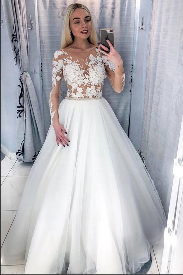 A-line Crystal Bridal Gown Deep V-neck Floor-Length With Lace Appliques