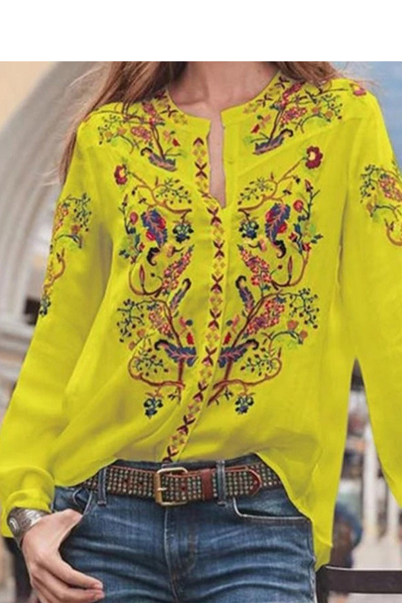 Stand Collar Embroidered Print Long Sleeve Top