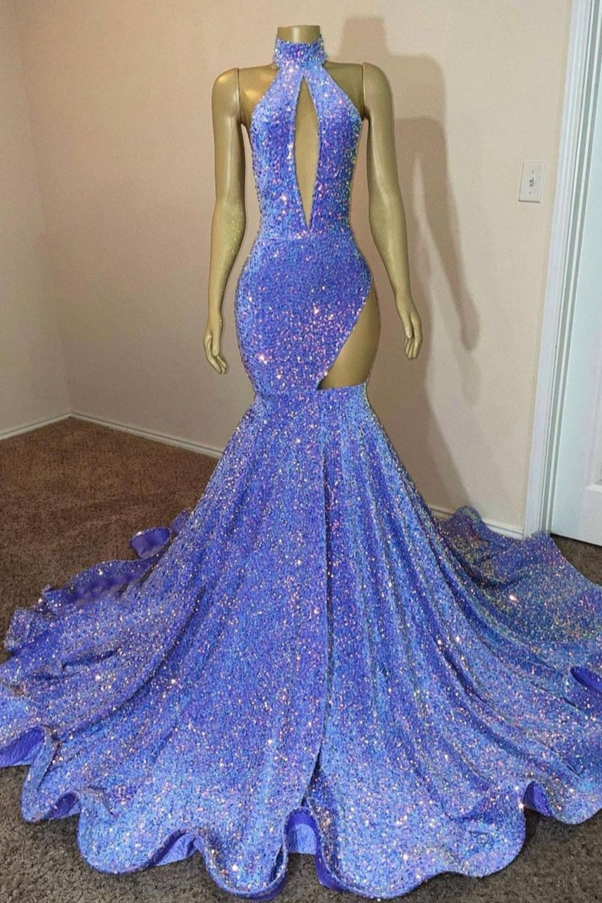 Elegant Halter Sequin Lavender Keyhole Mermaid Prom Party Dresses with Cutouts - Fashionpara