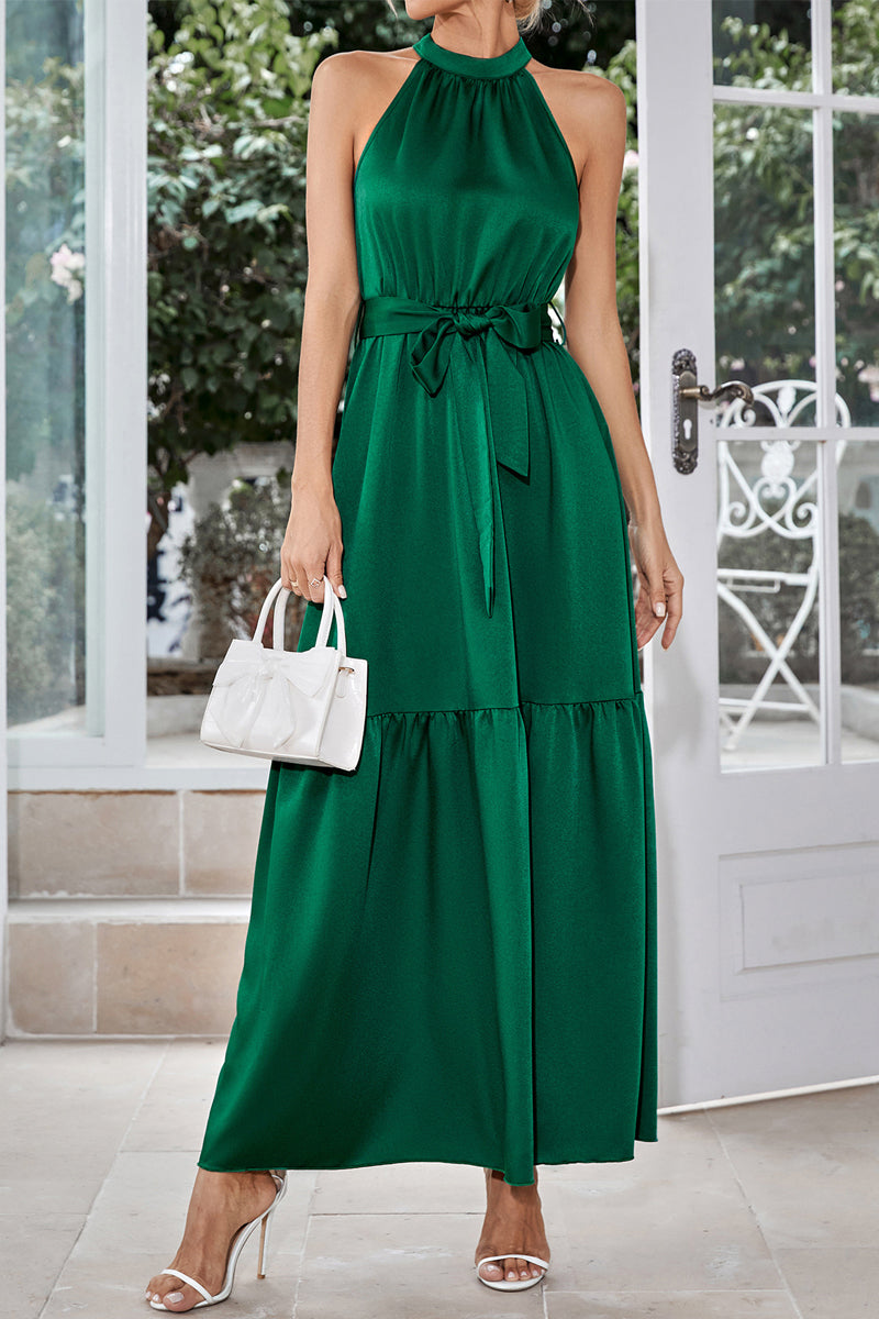 Elegant Solid Halter Neck Lace-up Maxi Dress