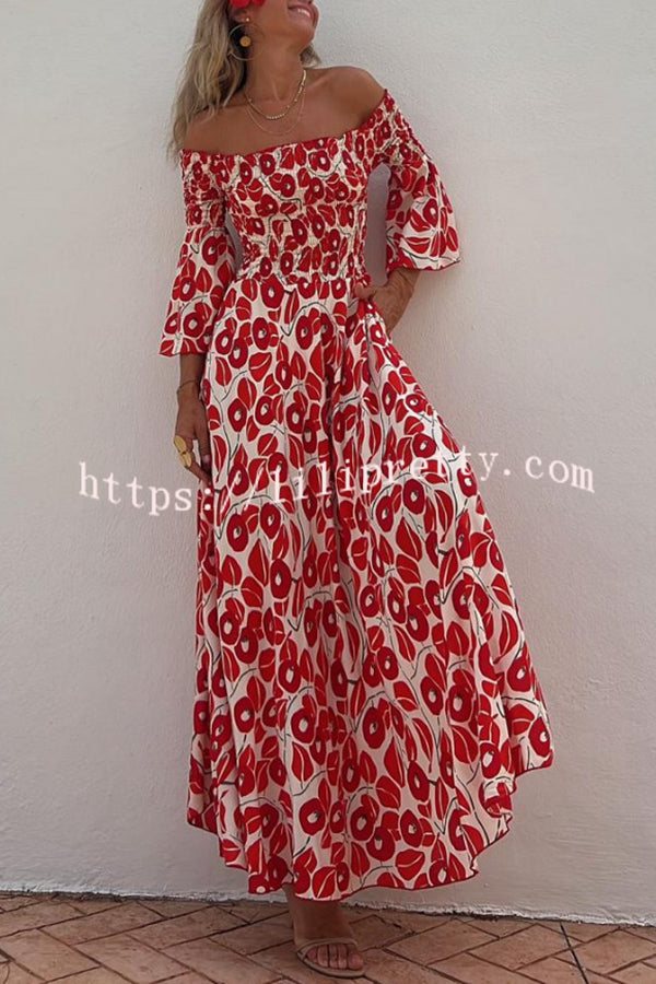 Close To The Vacation Floral Print Smocked Off Shoulder Pocketed Maxi Dress - Fashionpara