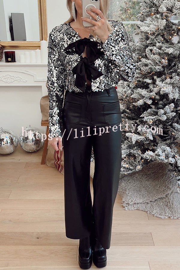 City Lights Irregular Sequin Tie-front Satin Bow Sequined Jacket