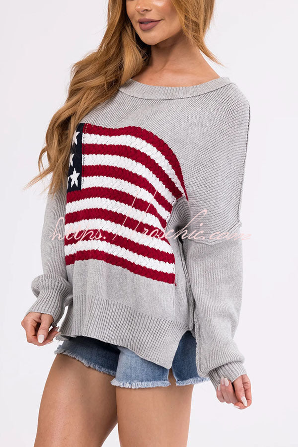 Independence Day Patchwork Long Sleeved Crew Neck Knitted Sweater