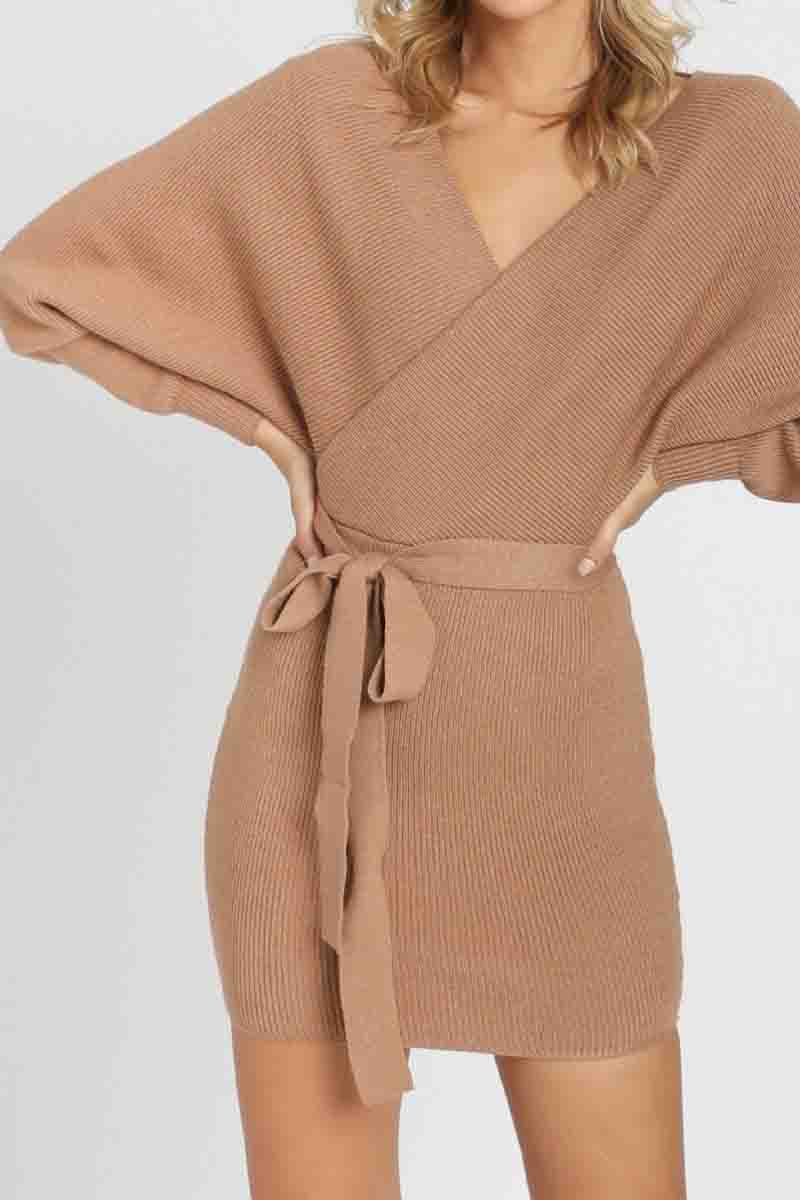 V Neck Knit Sweater Dress（3 Colors）