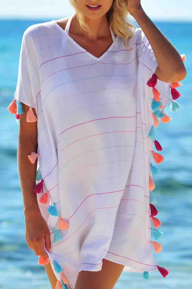 Fringed Blouse Solid Beach Dress （3 Colors)