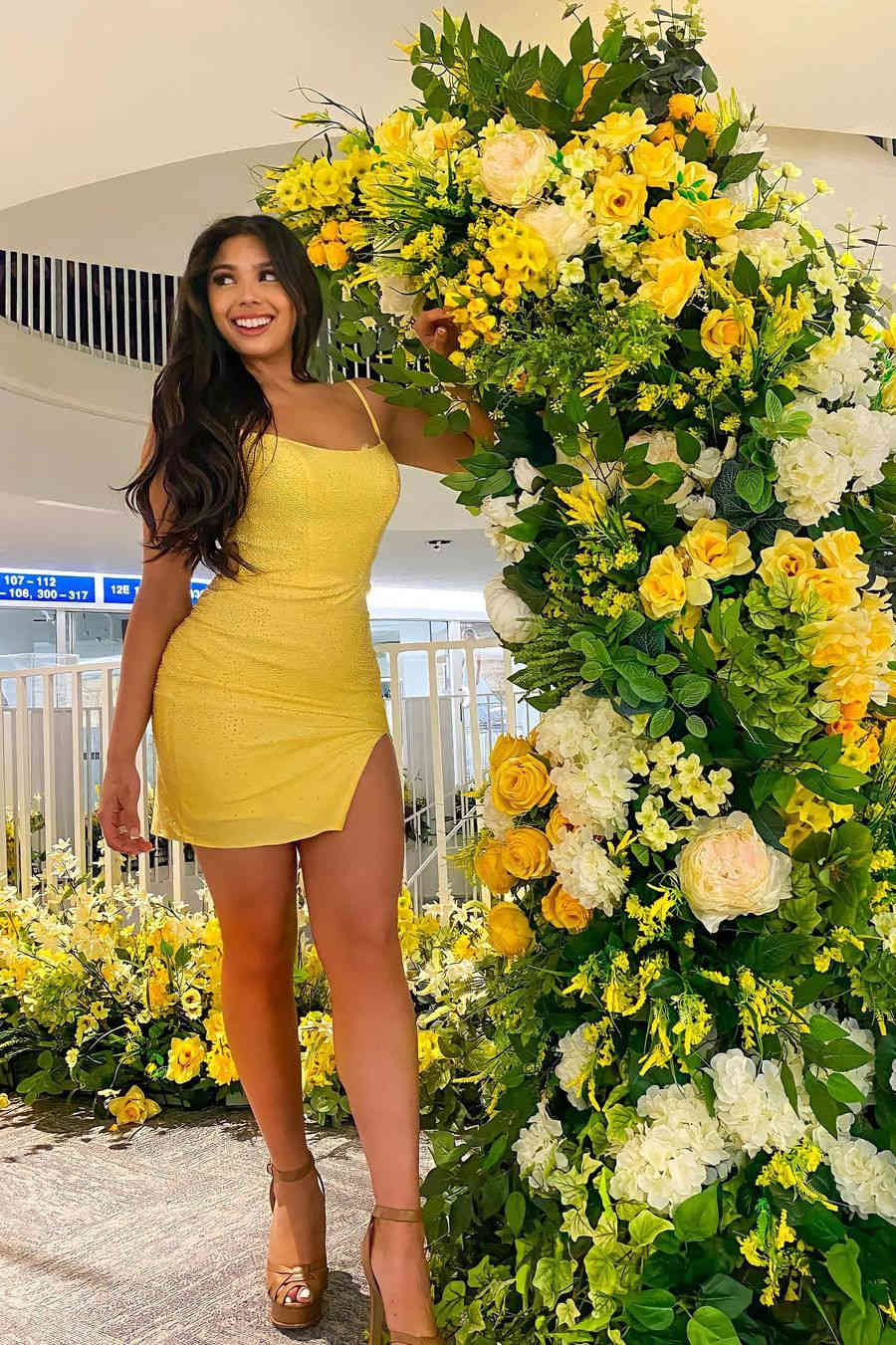 Short Tight Yellow Lace-Up Homecoming Dress