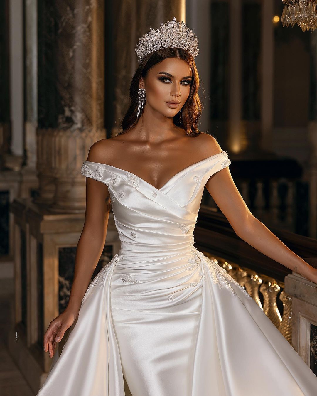 A-Line Off-the-Shoulder Sweetheart Backless Satin Bridal Gown with Ruffles and Appliques