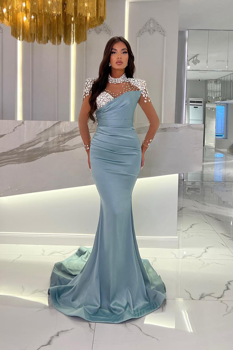 L1383 - High Neck Long Sleeves Beaded Tulle Satin Mermaid Long Prom Evening Dress - Fashionpara