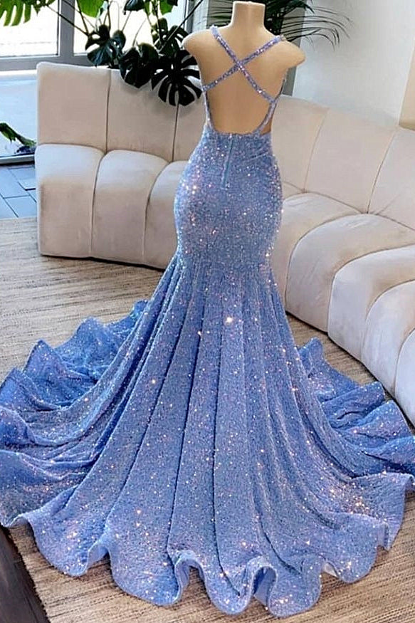 Beautiful Deep V-Neck Mermaid Sequins Backless Long Prom Dresses