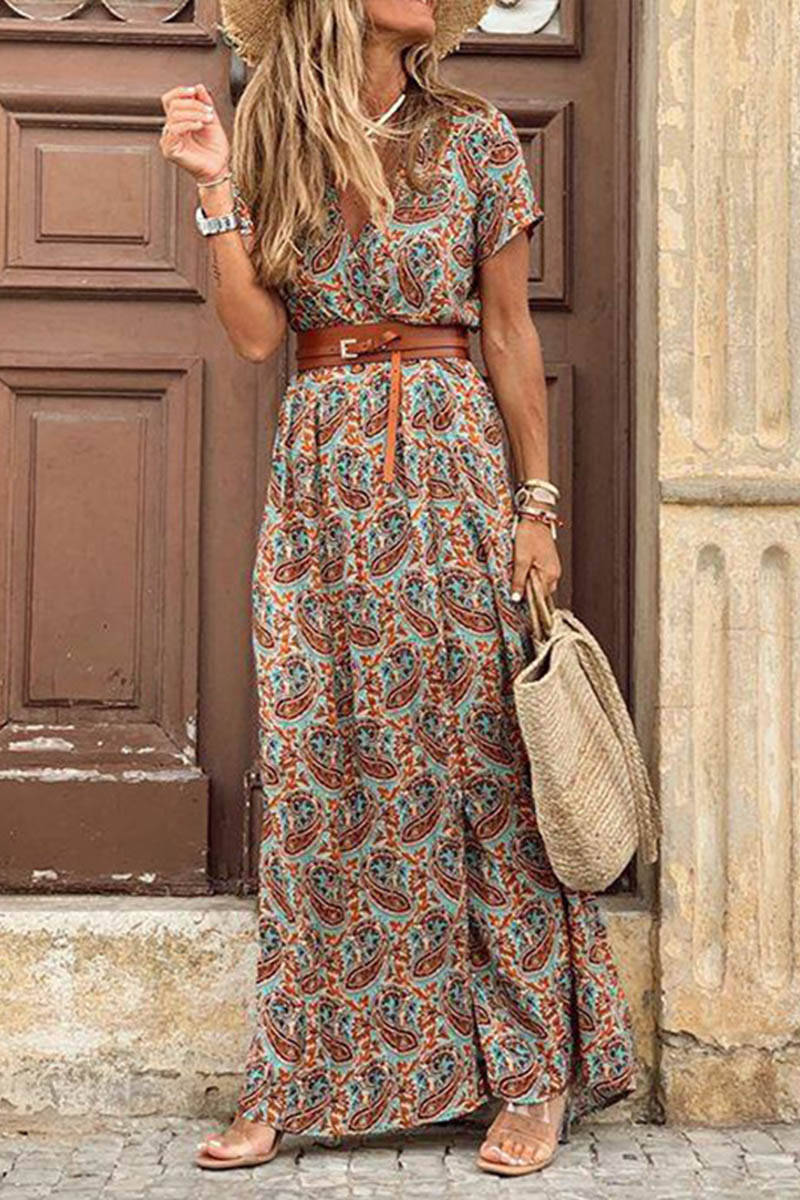 Boho Style Short Sleeve Print Maxi Dress