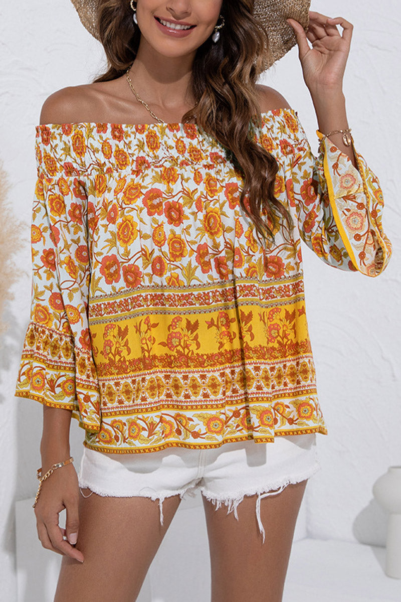 Off Shoulder Tassel Design Floral Print Top