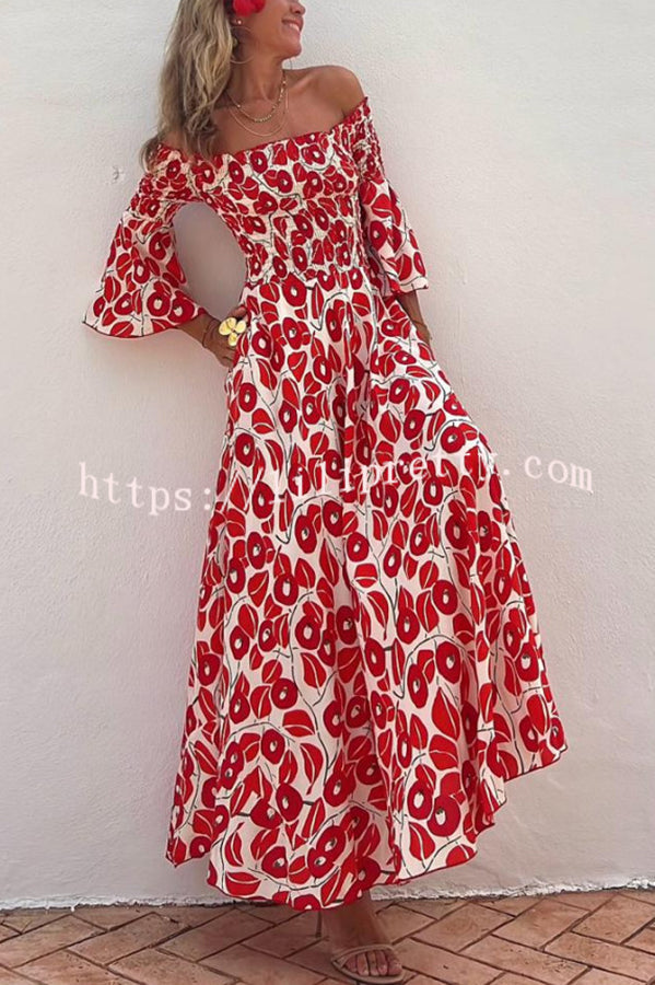 Close To The Vacation Floral Print Smocked Off Shoulder Pocketed Maxi Dress - Fashionpara