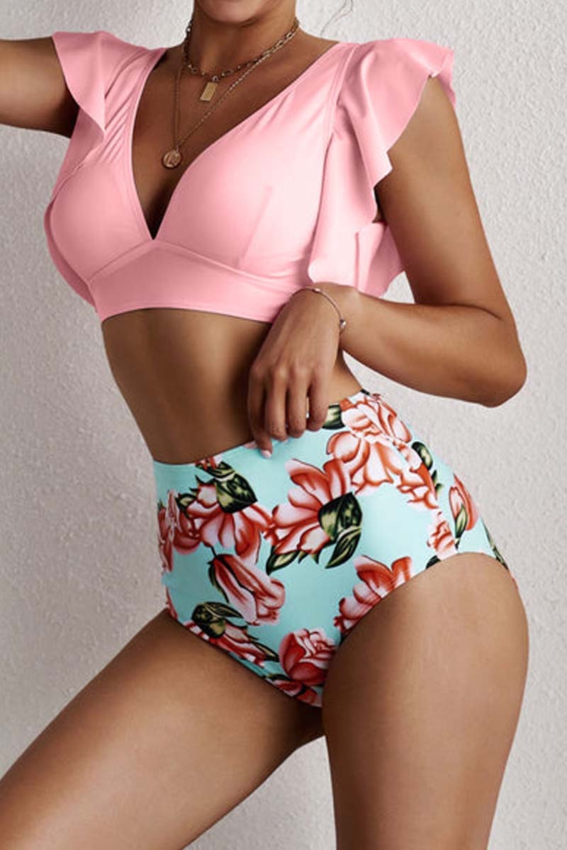 Pink Floral Ruffled Hem High Waist Two Piece Swimsuit