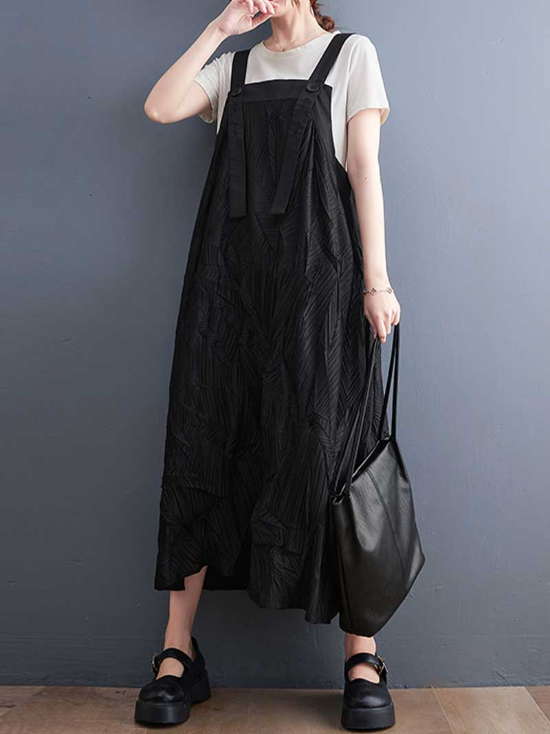 Pleated Cotton Black Color  Salopette Dress - Fashionpara