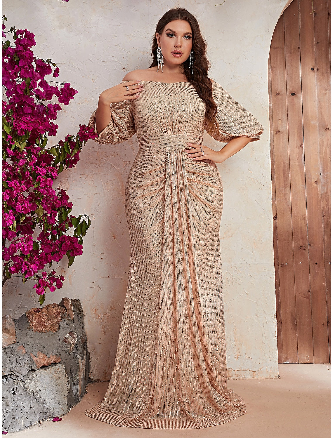 A-Line Wedding Guest Dresses Sparkle & Shine Dress Formal Sweep / Brush Train Half Sleeve Off Shoulder Polyester with Beading