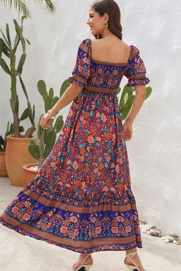 Bohemia Printed Smocked Short Sleeve Maxi Dress