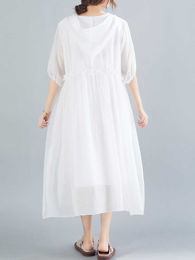 Plain Cotton Short Sleeves Hooded Style A-Line Dress - Fashionpara