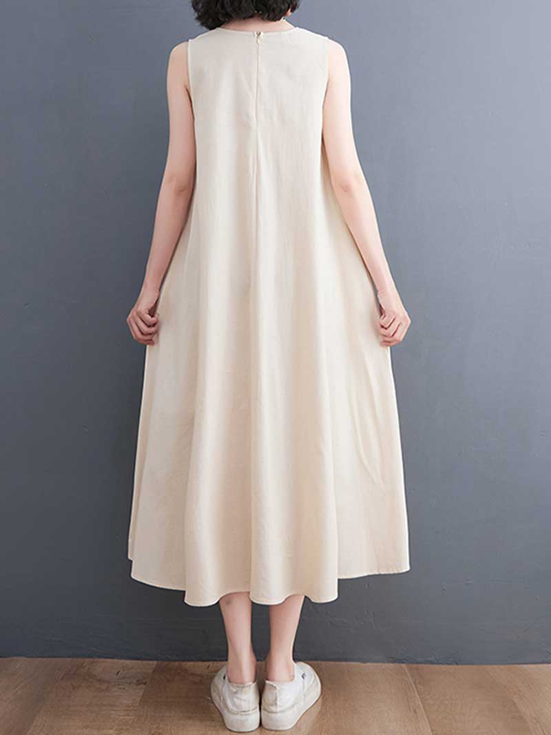 Plain Cotton Round Neck Sleeveless Midi Dress - Fashionpara