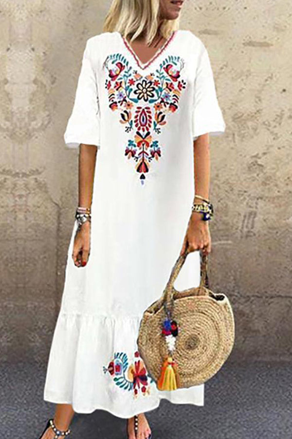 V-neck Embroidered Swing Dress