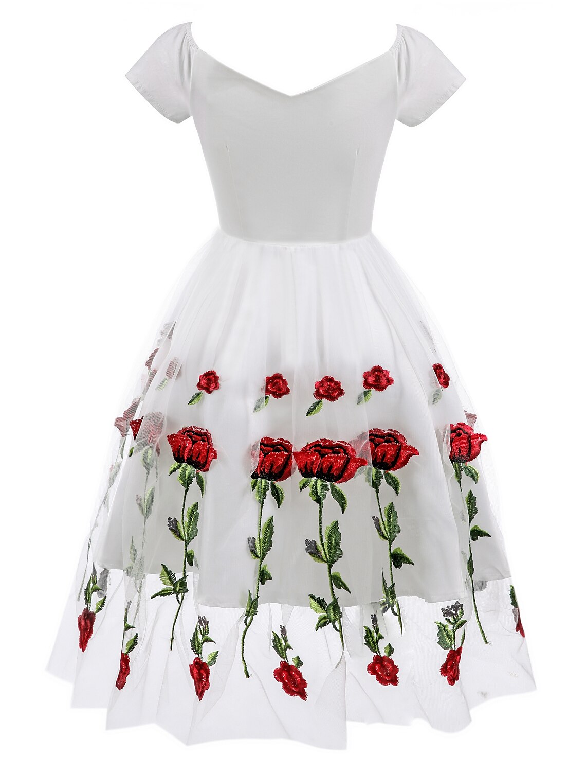 A-Line Cocktail Dresses Party Dress Holiday Knee Length Short Sleeve Off Shoulder Organza with Embroidery Appliques