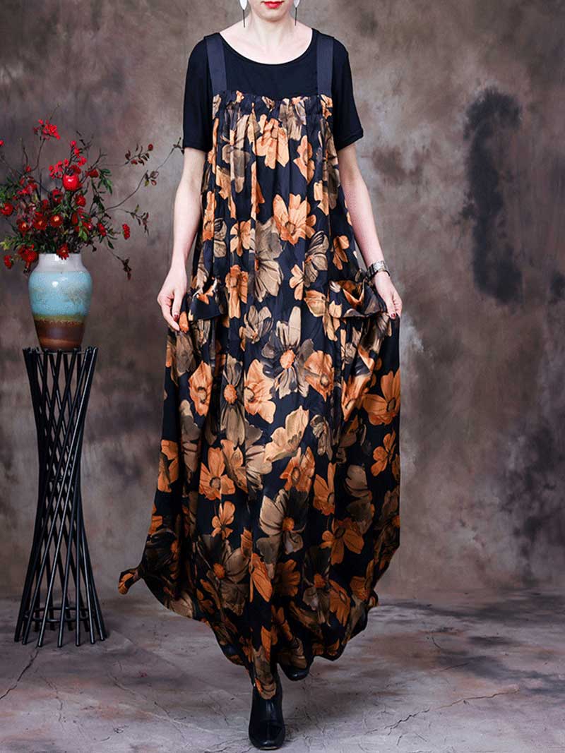 Always Glowing Printed  Pleated Pocket Maxi Salopette Dress - Fashionpara