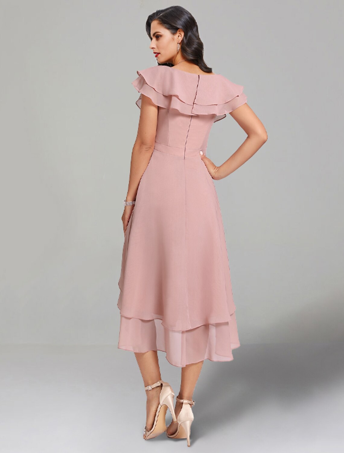 A-Line Wedding Guest Dresses Elegant Dress Cocktail Party Tea Length Short Sleeve V Neck Chiffon with Slit