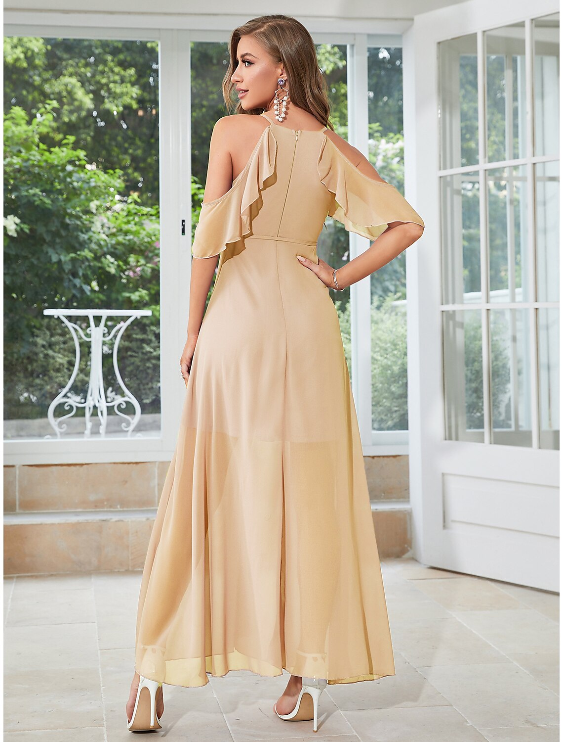 A-Line Wedding Guest Dresses Elegant Dress Party Wear Ankle Length Sleeveless V Neck Chiffon with Ruffles Slit Strappy