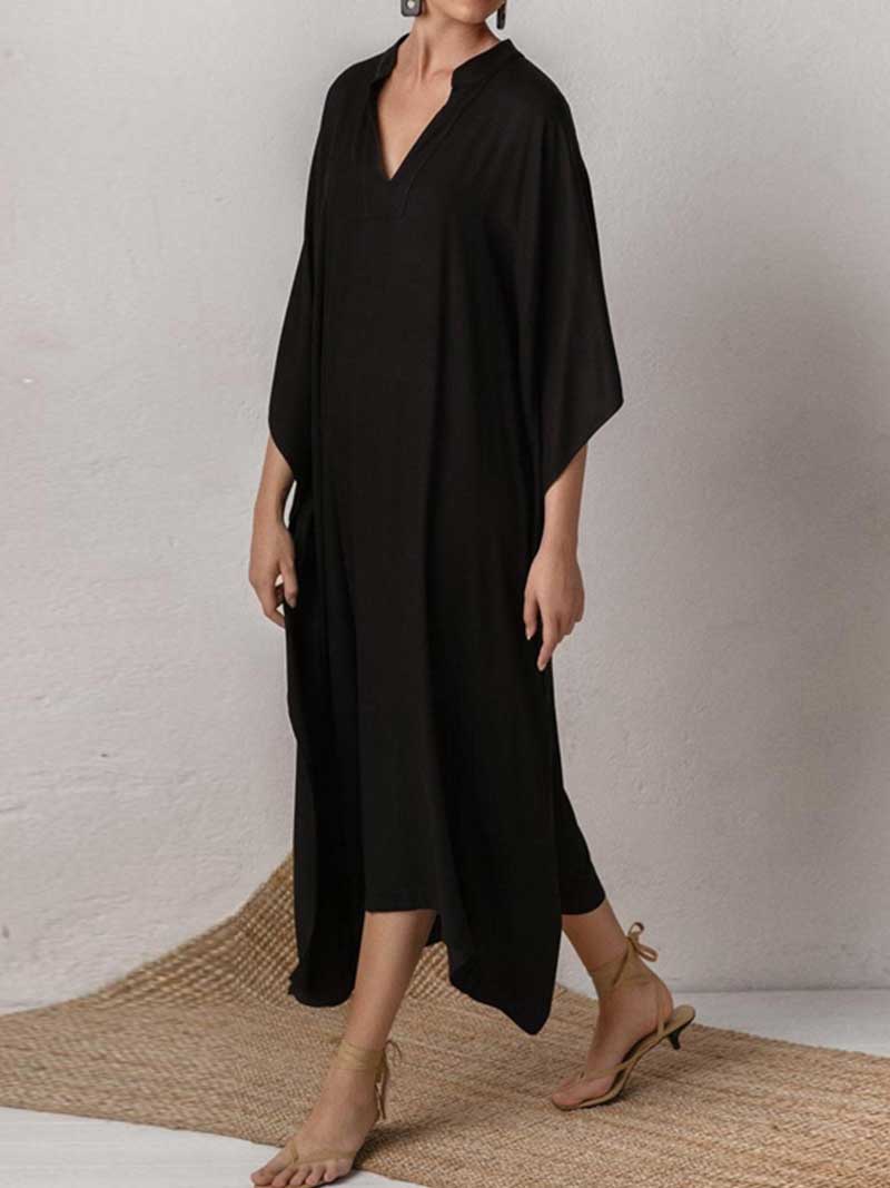 Plain Polyester Long Sleeves Kaftan Dress - Fashionpara