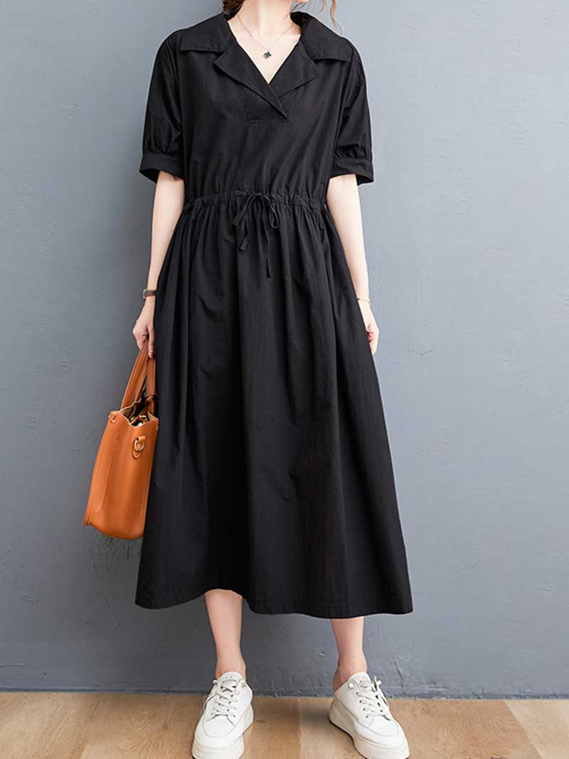 Plain Cotton Short Sleeve A-Line Dress - Fashionpara