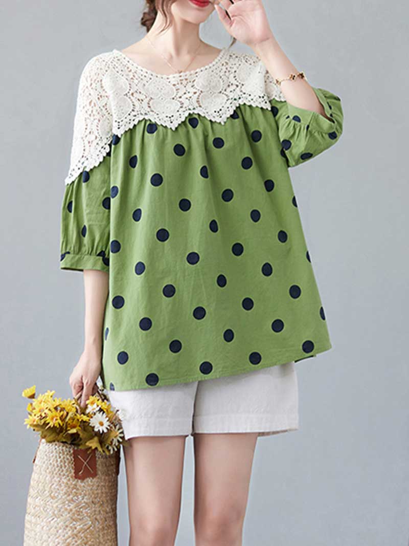 Polka Dot Print Cotton Floral Net Lace Shirt Top