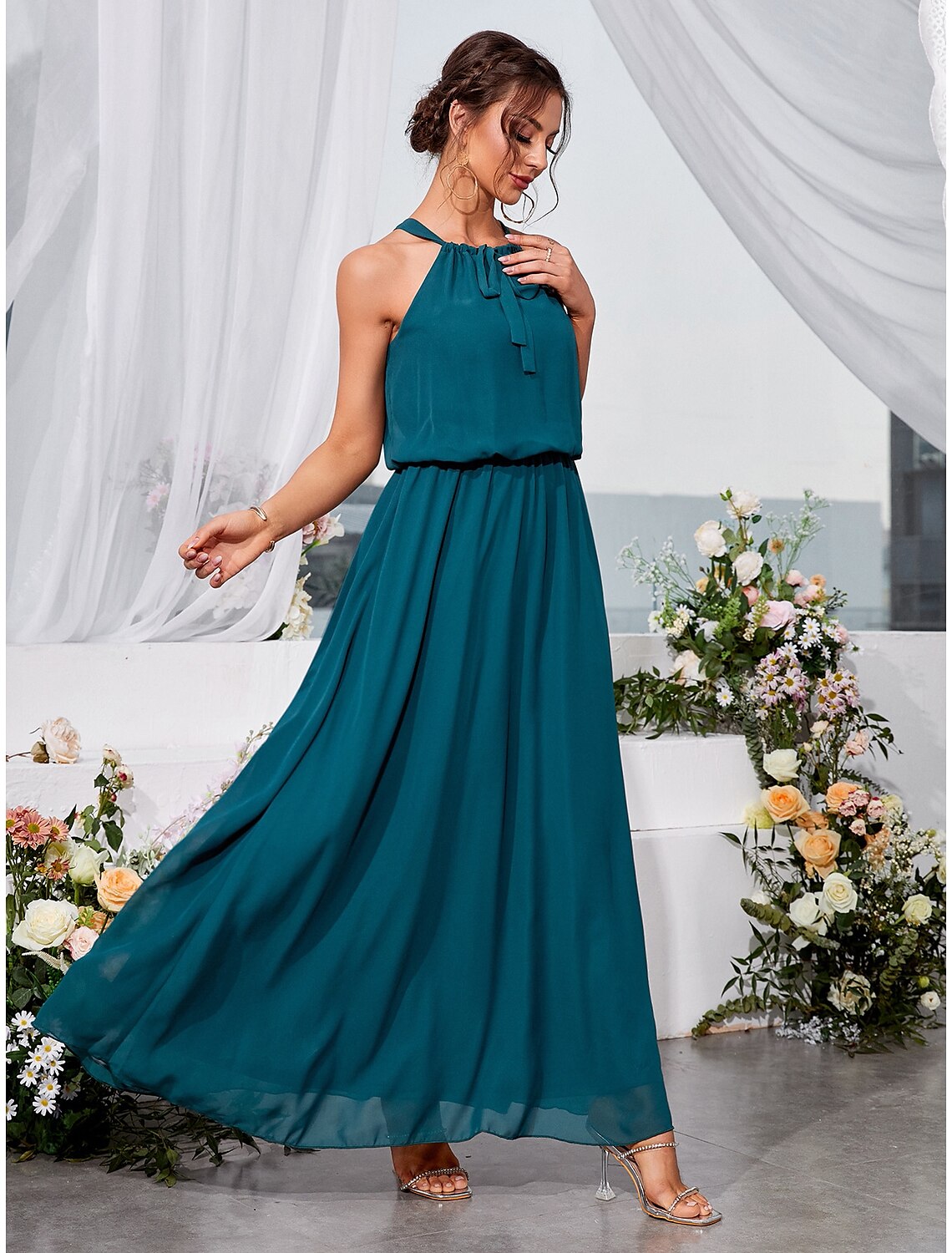 A-Line Wedding Guest Dresses Elegant Dress Holiday Ankle Length Sleeveless Halter Lace with Strappy