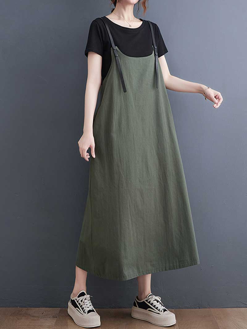 Plain Green Black Hemp Material Salopette Dress