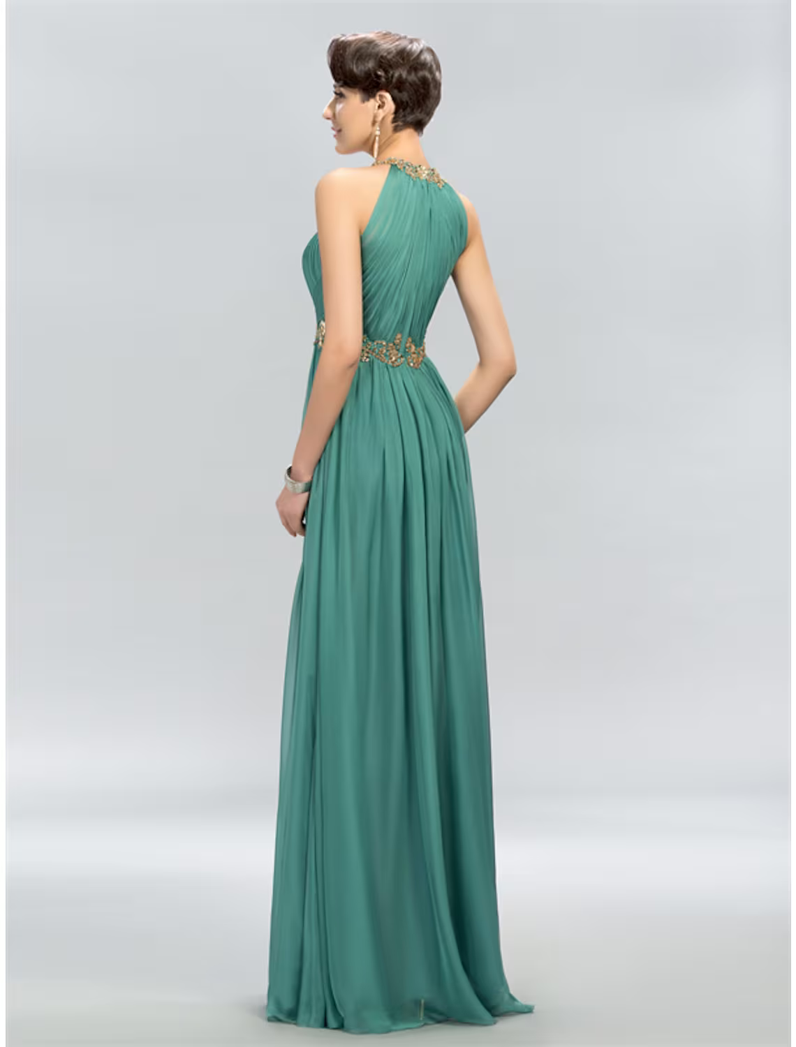 A-Line Wedding Guest Dresses Maxi Dress Party Wear Floor Length Sleeveless Halter Chiffon with Ruched Appliques