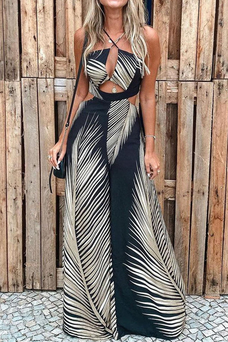 Tropical Palm Leaf Print Cutout Wide Leg Jumpsuit