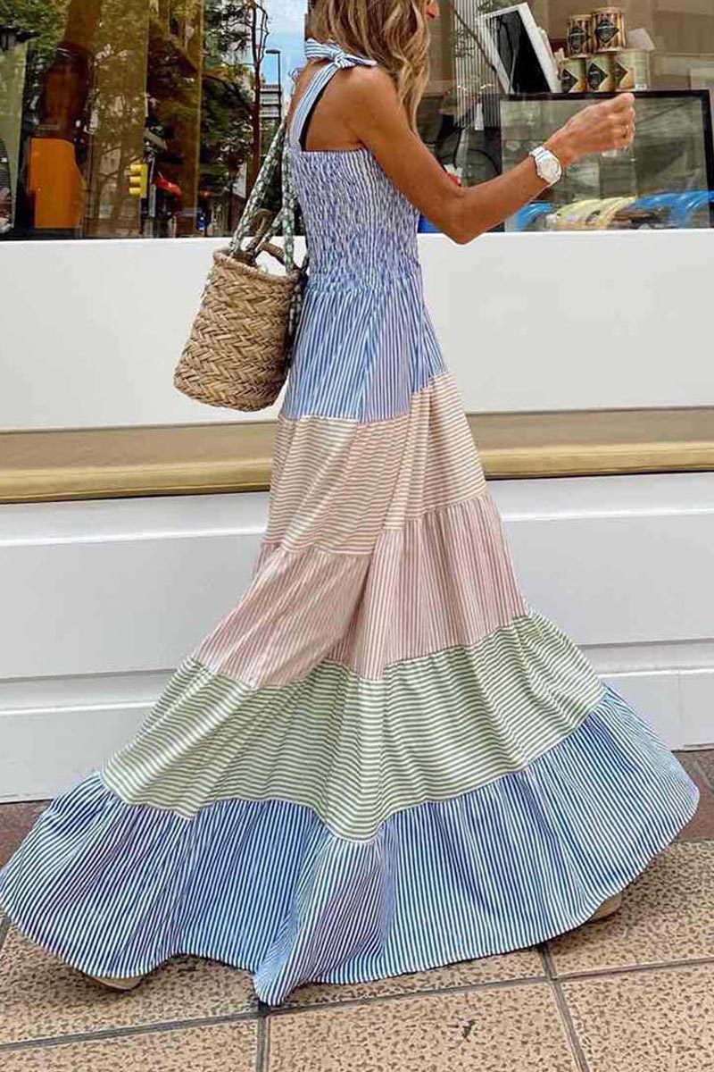 Colorblock Striped Straps Smocked Maxi Dress