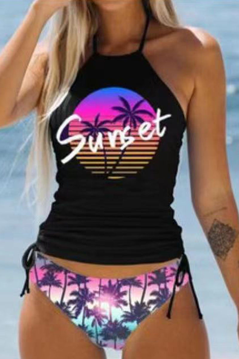 Simple resort style black bottom multi-color coconut tree halterneck two-piece swimsuit