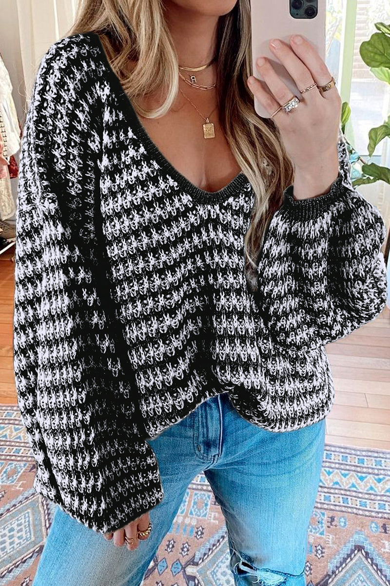 Oversized Stripe V Neck Puff Sleeve Sweater