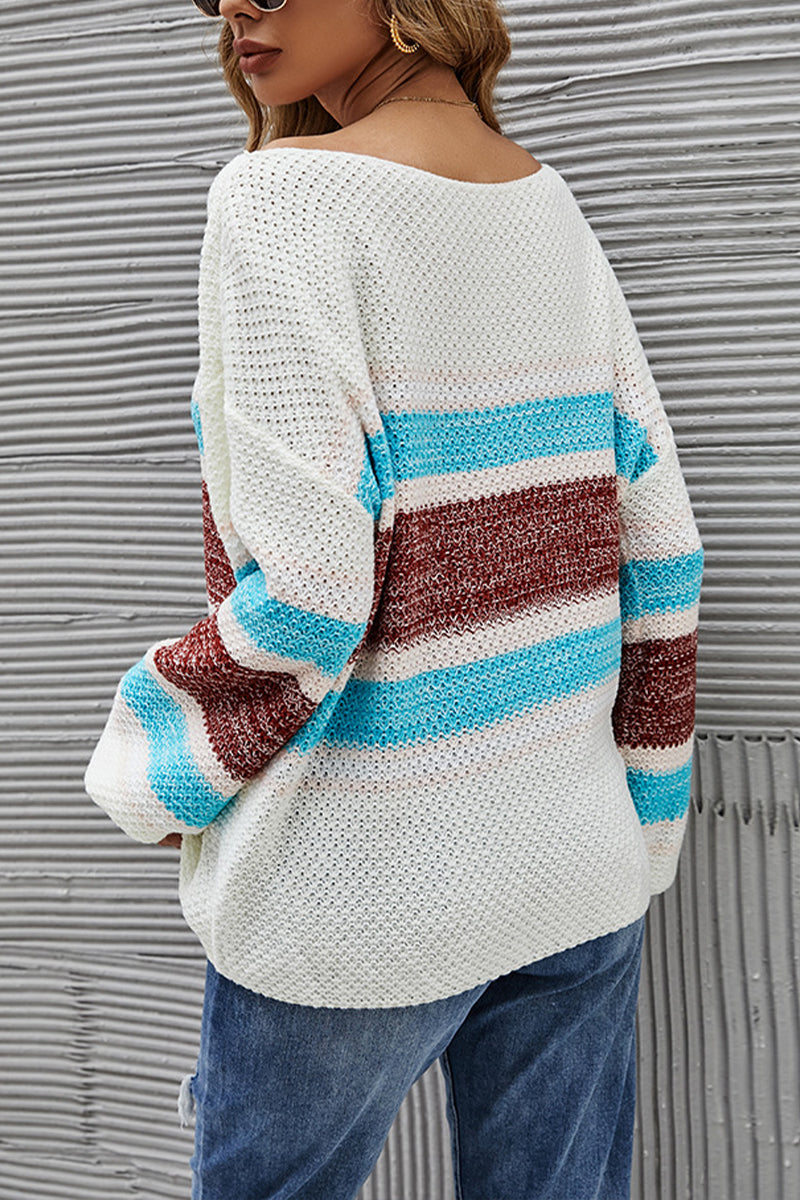 Off Shoulder Multicolor Stripes Lantern Sleeve Sweater