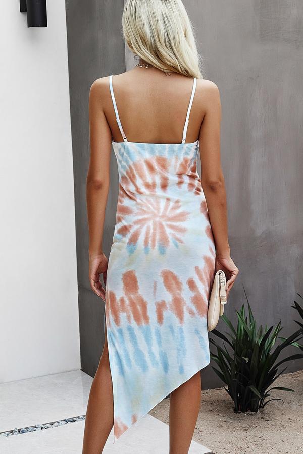 V Neck Irregular Strappy Printed Dress